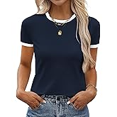 SOFIA'S CHOICE Ringer Tee Women Crew Neck Color Block Basic Summer Casual Short Sleeve T Shirt