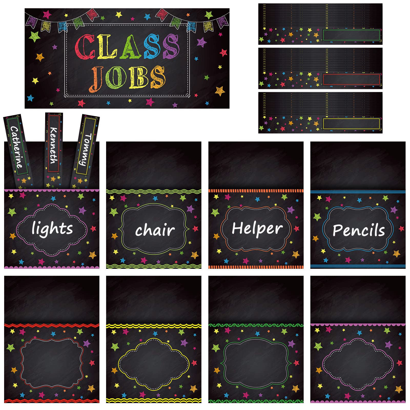 Photo 1 of Zonon Class Jobs Bulletin Board Colorful Class Jobs Pocket Chart Set Teacher's Helper Chalkboard Decor Classroom Bulletin Board Decoration for Back to School (Dark Style)