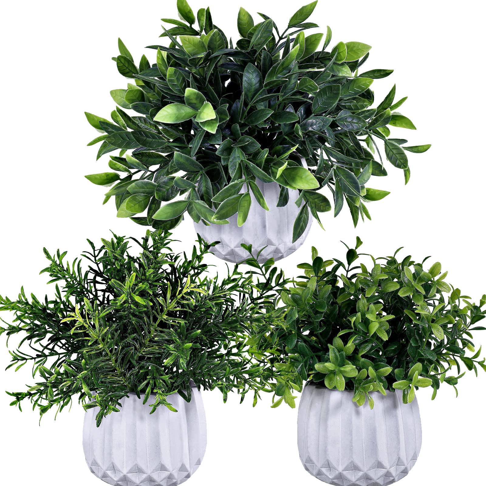 Photo 1 of **DON'T HAVE THE BASES** ONLY PLANTS**Winlyn 3 Pcs Faux Potted Plants Set - Artificial Eucalyptus, Rosemary, Boxwood Greenery in Small White Geometric Planters for Indoor Outdoor Desk Table Centerpiece Shelf Windowsill Home Office Decor