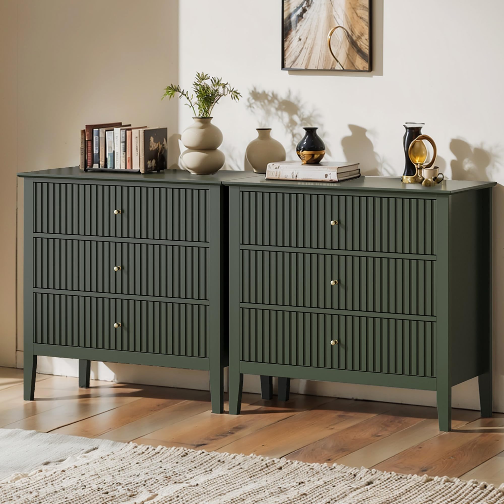 Photo 1 of (used) May in Color Large Green Fluted 3 Drawer Dresser Set of 2, Chest of Drawers with Ball Bearing Slide Modern 30 inch Tall Wood Nightstand
