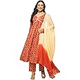 FIORRA Women's Red Cotton Bandhani Print A-line Kurta with Pant and Dupatta