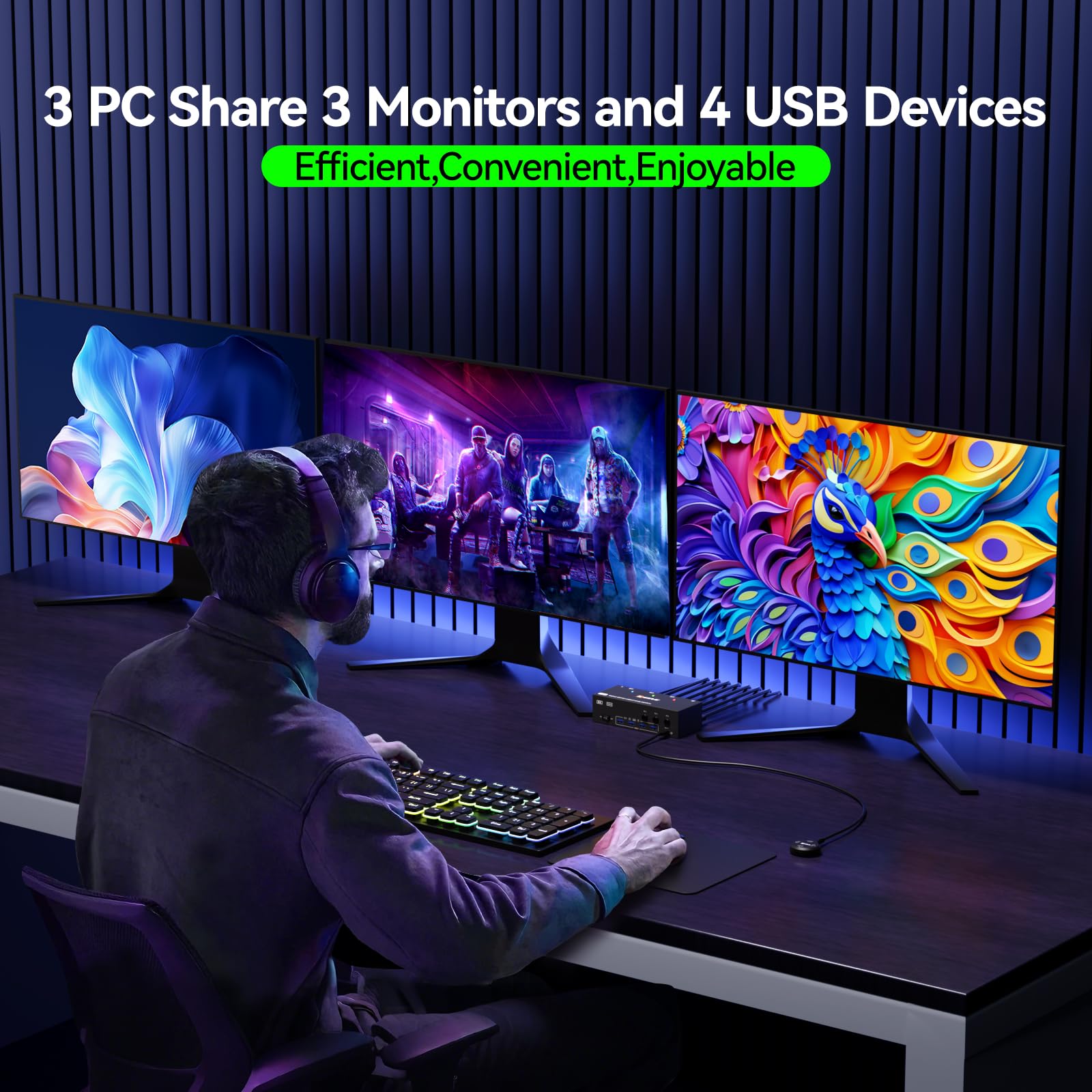 KVM Switch 3 PC 3 Monitore 8K@60Hz,MLEEDA HDMI Displayport KVM Switch Triple Monitor für 3 PC Teilen 3 Monitors und 4 USB3.0-Geräte, mit 12V DC Netzteil,Verdrahtet Fernbedienung und 3 USB-Kabel 2