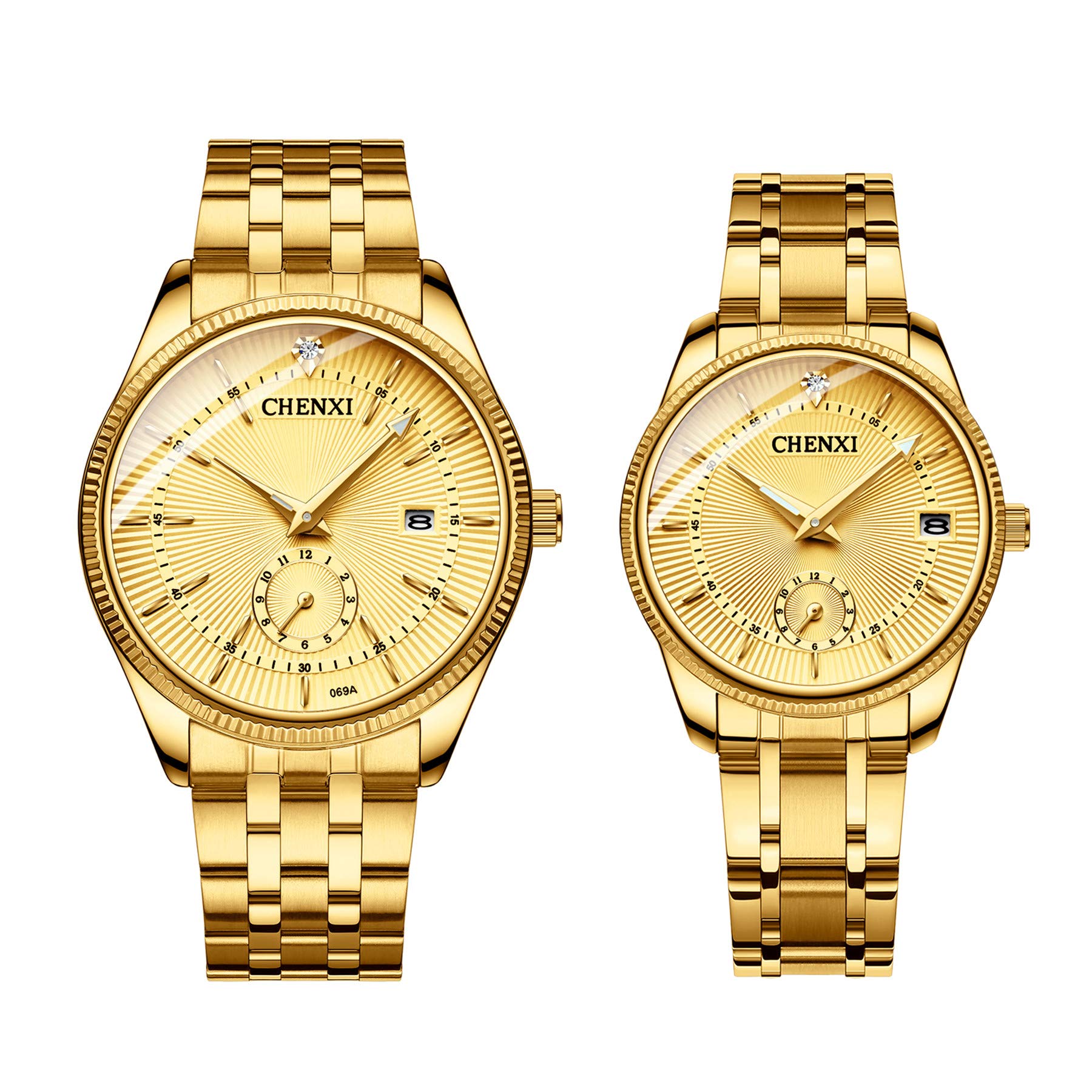 JewelryWe Men Women Gold Watches Stainless Steel Couple Wristwatch Calendar Quartz Watch His and Her Matching Watch Set with Second Dial