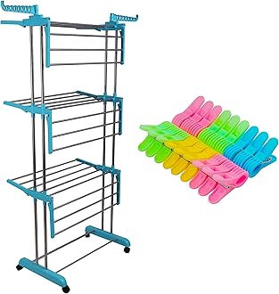 LIVINGBASICS 18 Clips with 3 Layer Finest Clothes Stand for Drying/Cloth Drying Stand/Cloth Stand for Drying Clothes Foldable/Cloth Drying Stand for Balcony/Stainless Steel Dryer Rack (Blue)