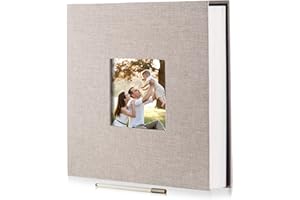HENPISEN Large Photo Album Self Adhesive Scrapbook Magnetic Album for 4x6 6x8 8x10 Pictures 60 Pages Linen Cover DIY Photo Album with A Metallic Pen and DIY Sticker(Light Beige)