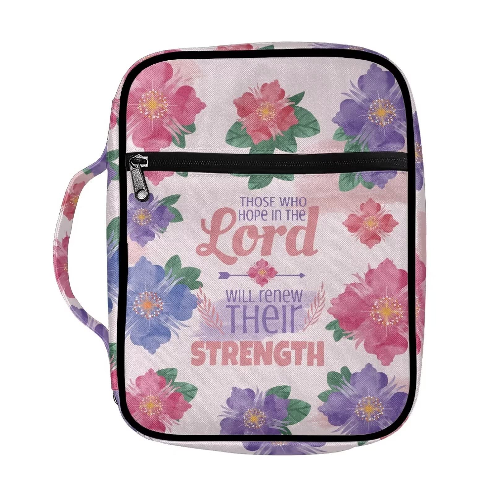 SEANATIVE Floral Bible Cover for Women, Bible Book Carrying Organizer Bag with Zipper Pocket, Those Who Hope in The Lord Will Renew Their Strength Print
