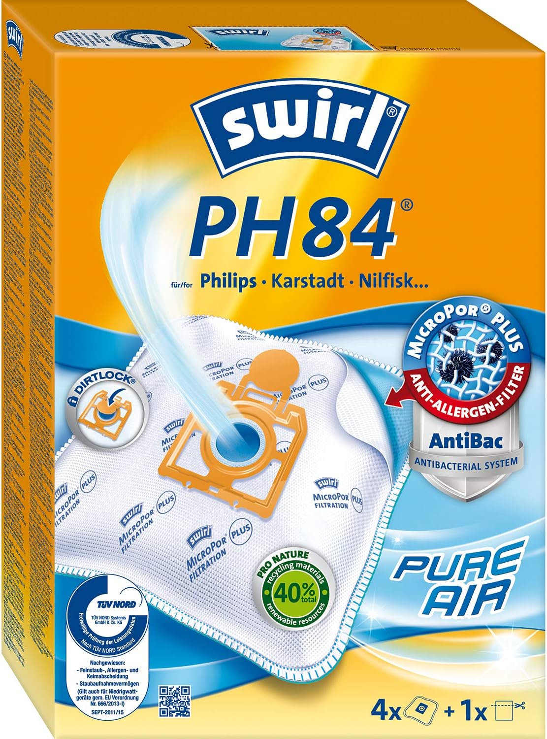Swirl MicroPor Power Filter PH 84 4x Paper Odour-Blocking Vacuum Cleaner Bags and 1x Hepa Filter, White, 4er Pack