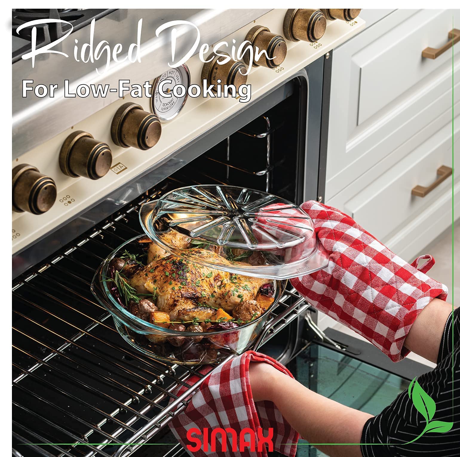 Simax Casserole Dish For Oven, Glass Baking Dish With Lid, Ridged Design for Low Fat Cooking, Microwave, Oven, and Dishwasher Safe Cookware, Borosilicate Glassware, 2.6 Qt. Round Baking Dish