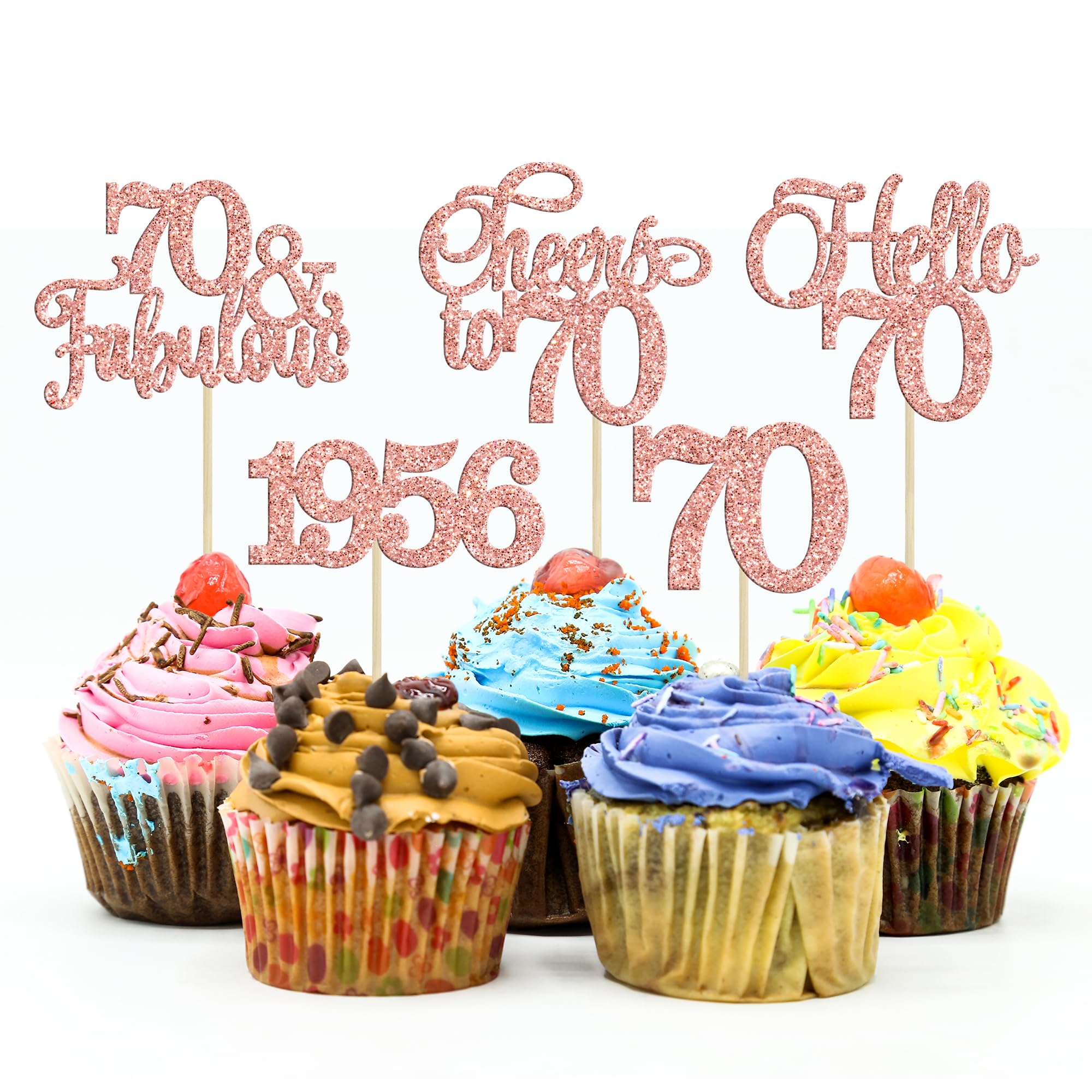 Gyufise 30Pcs 70th Birthday Cupcake Toppers 70 Fabulous Cupcake Picks Cheers to 70 1956 Cake Decorations for Happy 70th Birthday Wedding Anniversary Party Decoration Supplies Rose Gold — image 1