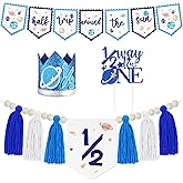 1/2 Birthday Half Trip Around the Sun Half Birthday Decorations - Banner Glitter Cake Topper Tassel Wood Bead High Chair Banner & Crown, Hat Halfway to One Baby Boy Girl Party Supplies