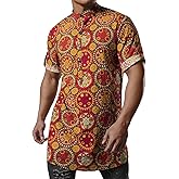 JOGAL Mens Striped Henley Shirt Short Sleeve Traditional African Style Dashiki Shirts