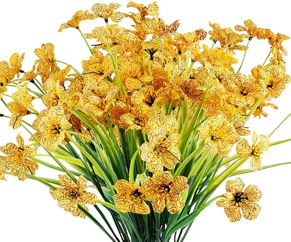 JEMONG Künstliche Blumen für den Außenbereich, UV-beständig, kein Verblassen, Kunstplastik, Pflanzen, Garten, Veranda, Fenster, Box, Dekoration, Gelb, 12 Bündel