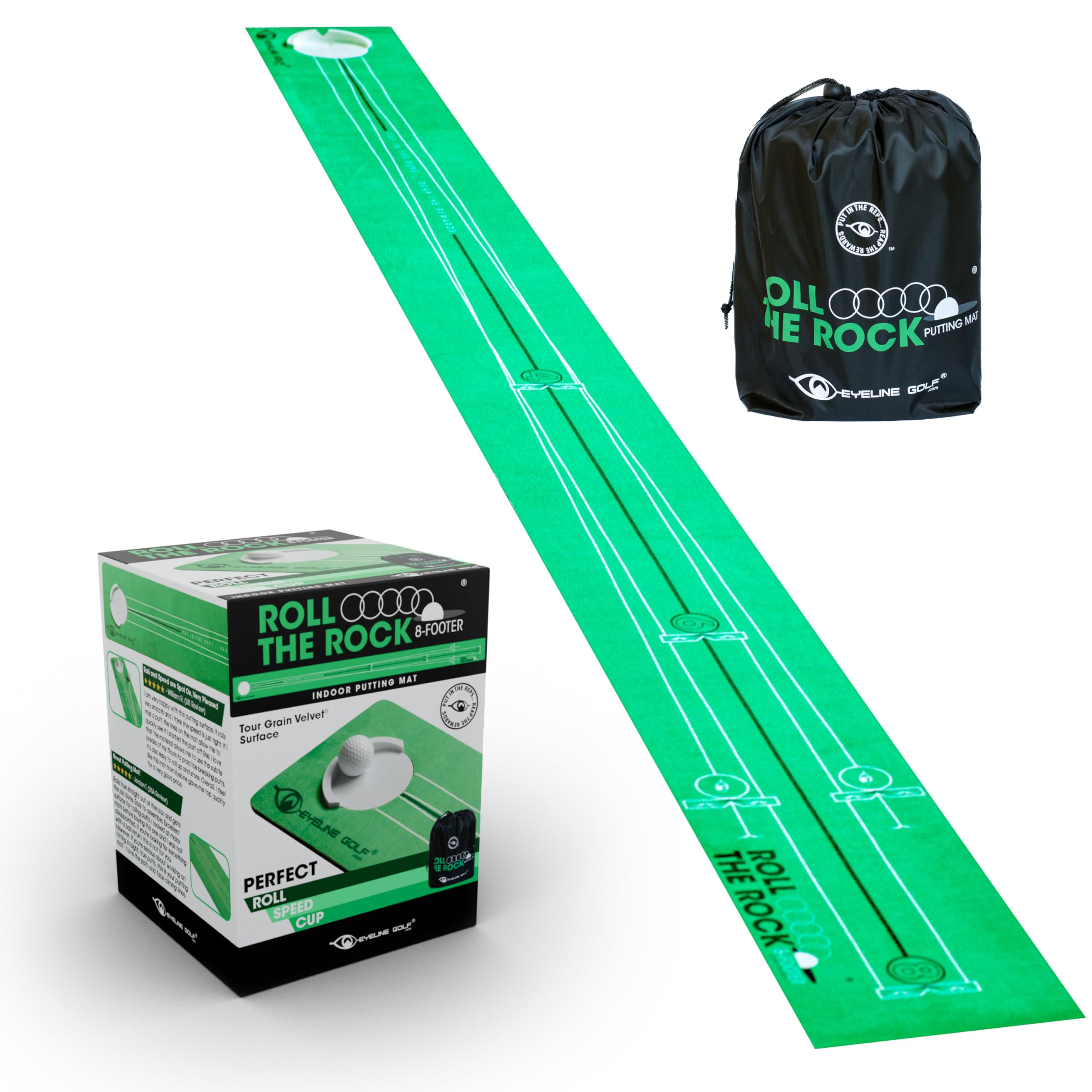 EyeLine Golf Roll The Rock Putting Mat Indoor - Have Fun Perfecting Stroke, Alignment, Speed Control, Visualization, Consistency - Compact- Rolls Out Flat and Smooth - Built in Training Lines