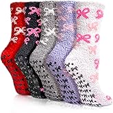 Resiprolty Non Slip Fuzzy Socks for Women Warm Fluffy Socks with Grips Bow Hospital Sock Non Skid Cozy Grippy Sock 5 Pairs