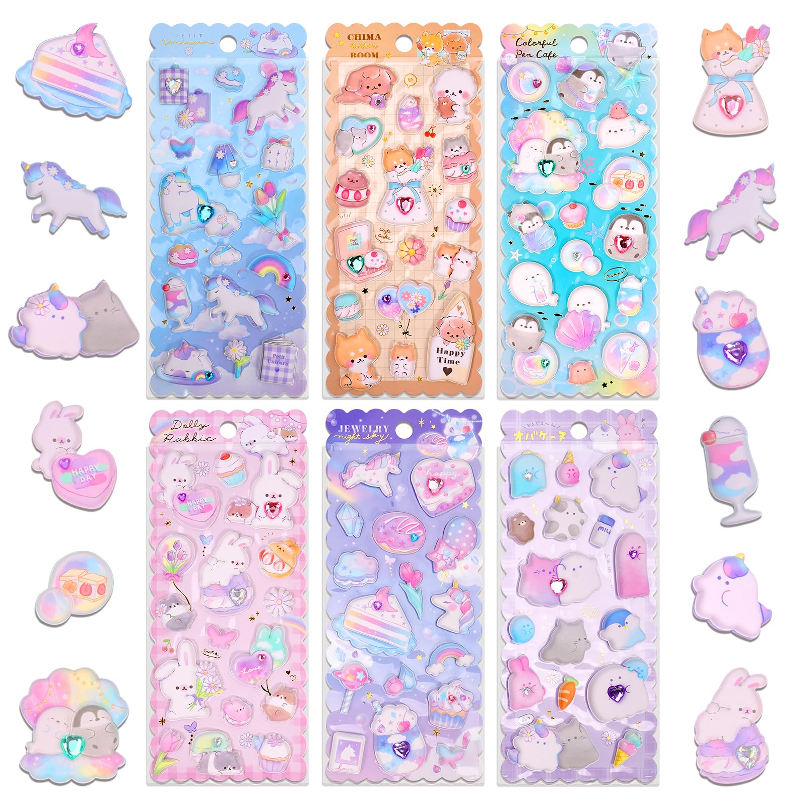 Kawaii Puffy Stickers for Girls Kids,Cute 3D Textured Squishies Puffer Sticker Set for Notebook Stationary,Japanese Puff Large Stickers with Gem Embedded for Adults Teens,6 Sheets.
