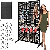 Royxen 3.5 x 6 Feet Metal Pegboard with 50 Hooks, Peg Board Display Stand with Wheels, Large Standing Pegboard Displaywith T-Base Art Display Stand for Retail Stores Exhibitions Homes (Black)