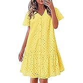 KIRUNDO Eyelet Dresses for Women 2026 Spring Summer Short Sleeve Button Down Loose Mini Babydoll Dress Beach Vacation Clothes