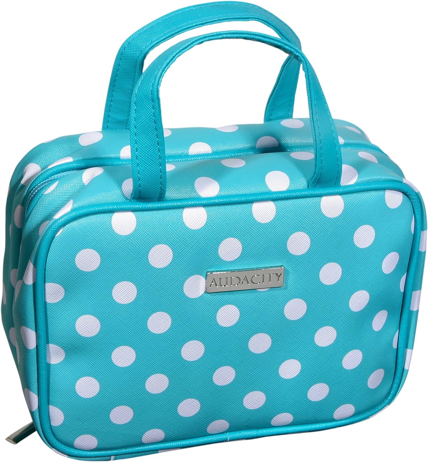 Audacity Hanging Turquoise Blue and White Polka Dot Compact Small Cosmetic Travel Toiletry Wash Bag with handles for women and girls