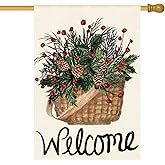 AVOIN colorlife Welcome Holly Red Berries House Flag 28x40 Inch Double Sided Outside, Winter Christmas Farmhouse Yard Outdoor Decorative Flag