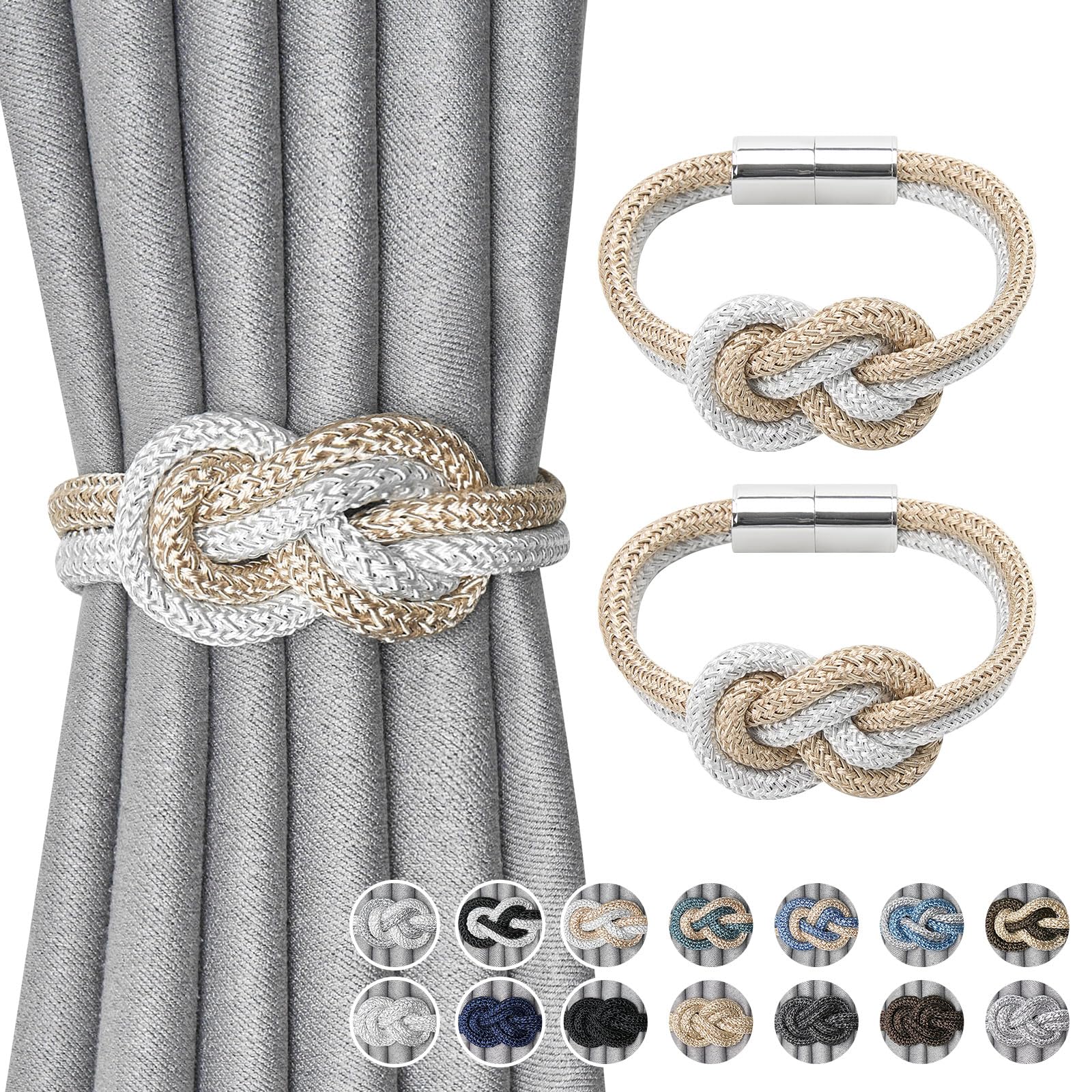 Pretty Jolly 2 Pack Mini Magnetic Curtain Tiebacks Nordic Simple Style Drape Tie Backs Elegant Hand Weave Rope Knot Decorative Curtain Holdbacks for Home & Office Window Drapery (Beige & White)