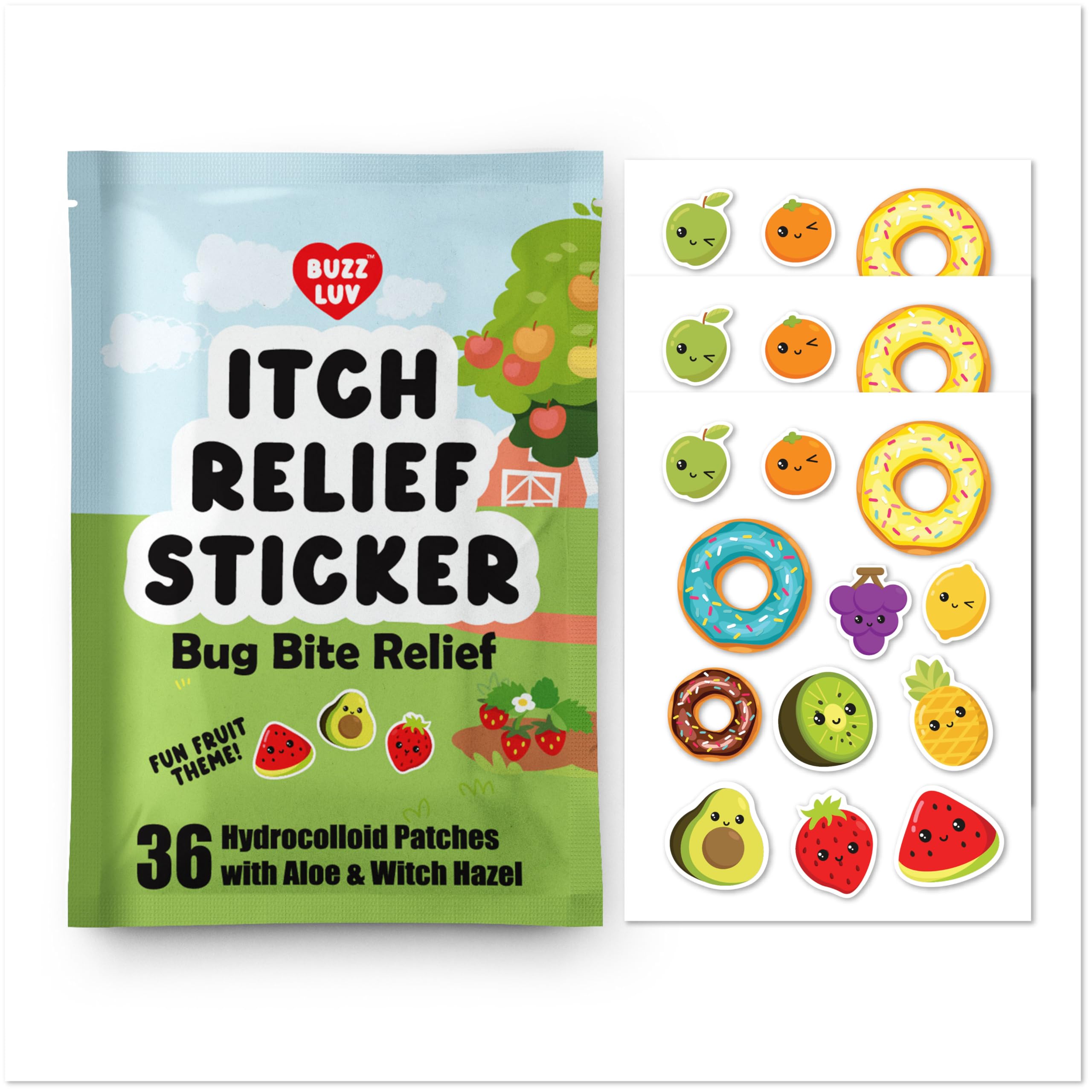 Photo 1 of Buzzluv Hydrocolloid Itch Relief Patch, for Mosquitos, Ticks, Midges, Sandflies Bug bite Relief, Anti-Itch Patch with Aloe and Witch Hazel, Insect bite Relief, Kid-Friendly, Natural Fruit Theme