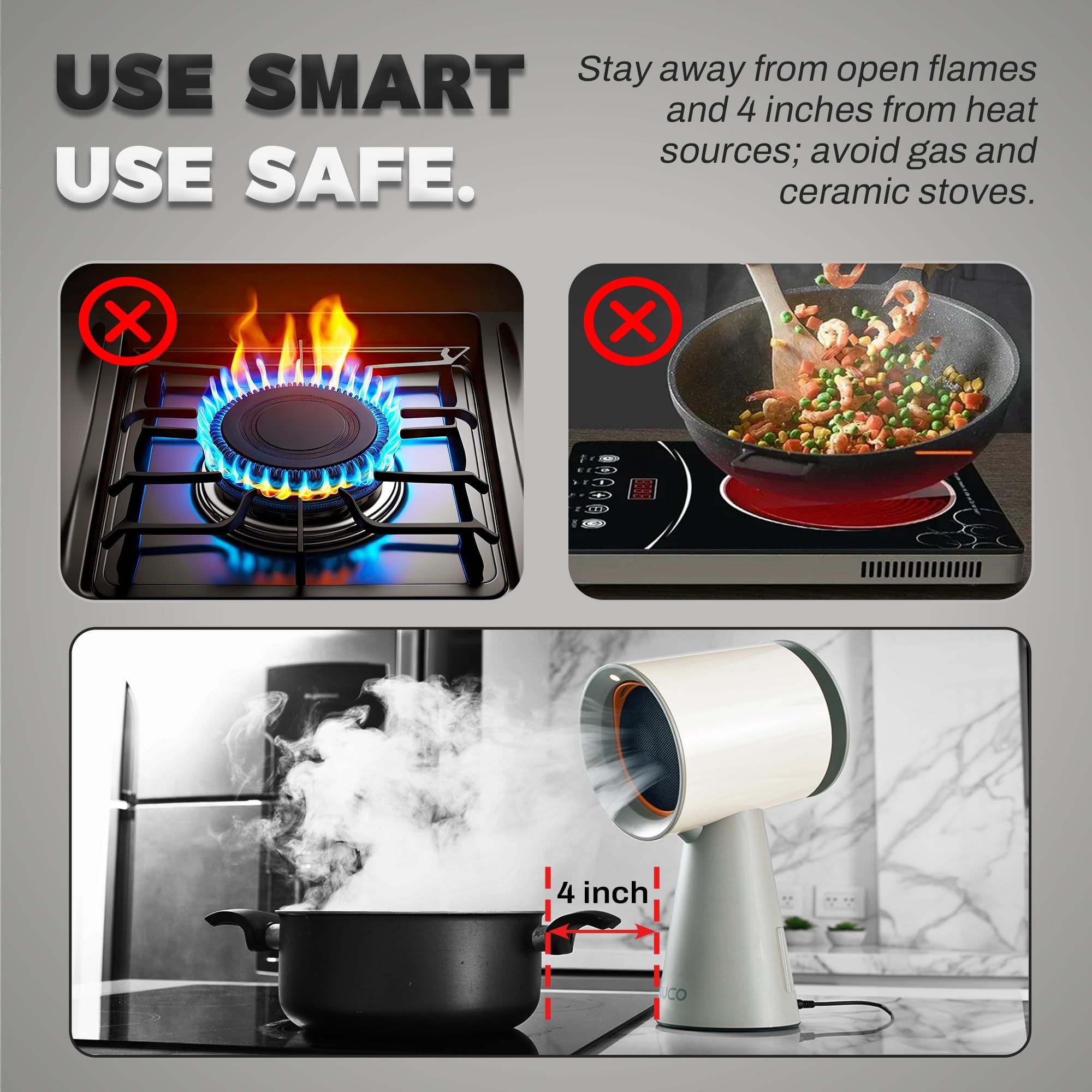 TUCO Portable Range Hood, Desktop Kitchen Exhaust Fan with 3 Speeds, Triple Filter Polymer, Aluminum & Carbon, Low Noise, Oil Collection Cup, Smoke Air Purifier for Indoor BBQ (Grey)