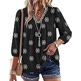 Rapbin Womens Boho Blouses 3/4 Sleeve Tops V Neck Puff-Sleeve Babydoll Pleated Linen Shirts with Button Cuffs