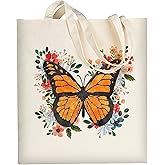 AUSVKAI Cute Canvas Tote Bag Aesthetic for Women Grocery Bag Cotton Shopping Beach Totes Gift-Flower Butterfly