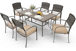 Pamapic 8504 Patio Dining 7 Piece, Outdoor Wicker Furniture Set for Backyard Garden Deck Poolside/Iron Slats Table Top, Removable Cushions, 7 Pack, Beige
