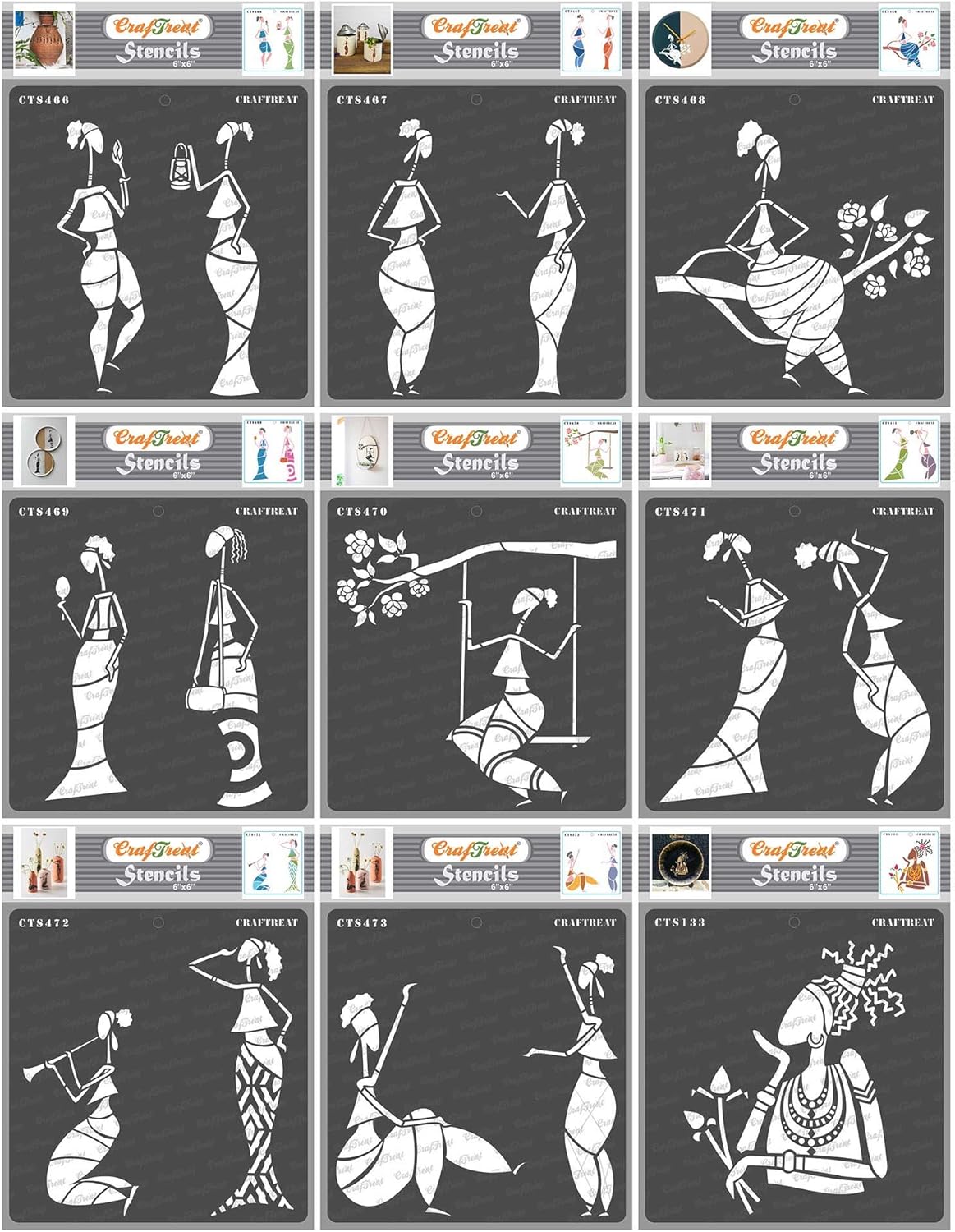 CrafTreat Stencils for painting on Wood, Canvas, Paper, Fabric, Floor, Wall and Tile - Folk Ladies Designs Bundle - 9Pcs - Size: 6x6 Inches each - Reusable DIY Art and Craft Stencils for Home Decor