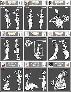 CrafTreat Stencils for painting on Wood, Canvas, Paper, Fabric, Floor, Wall and Tile - Folk Ladies Designs Bundle - 9Pcs - Size: 6x6 Inches each - Reusable DIY Art and Craft Stencils for Home Decor