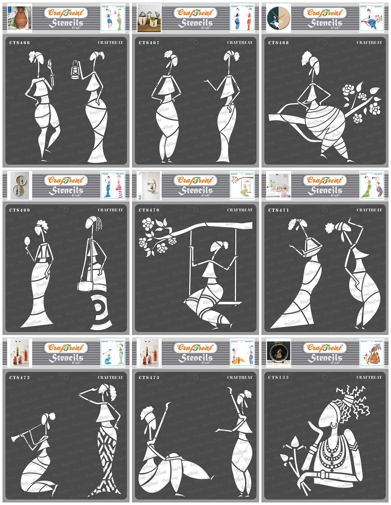 CrafTreat Reusable Stencils for Painting on Wood, Canvas, Paper, Fabric, Floor, Wall and Tile - Folk Ladies Designs Bundle - 9Pcs -6x6 Inch Each - DIY Art and Craft Stencils for Home Decor