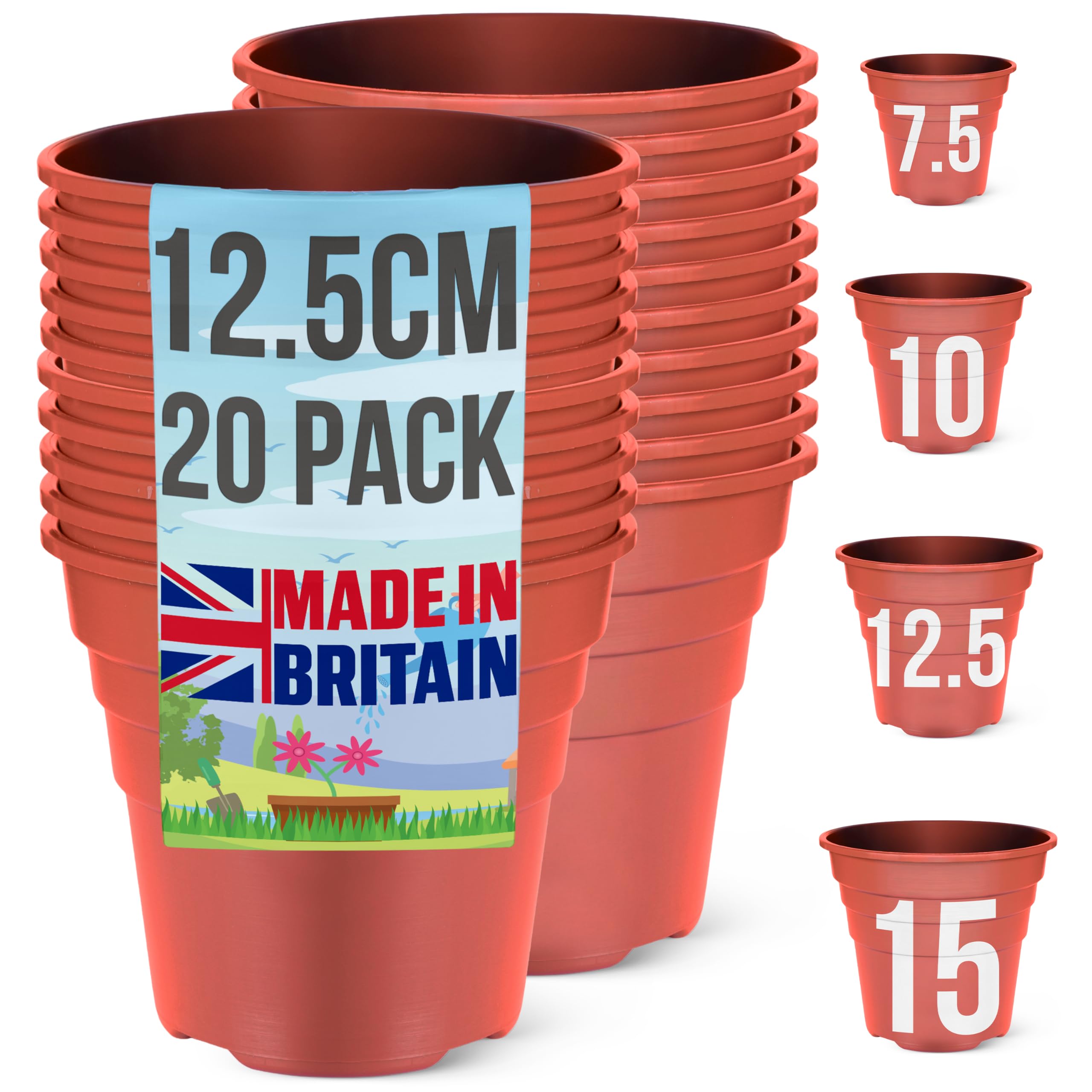 Happy Pots - 12.5cm Gloss Terracotta - Pack of 20 Premium Plastic Plant Pots - Reusable Flower Pots for Indoor/Outdoor Home Décor Gardening - Round, Heavy Duty, UV Resistant, Recyclable - Made in UK