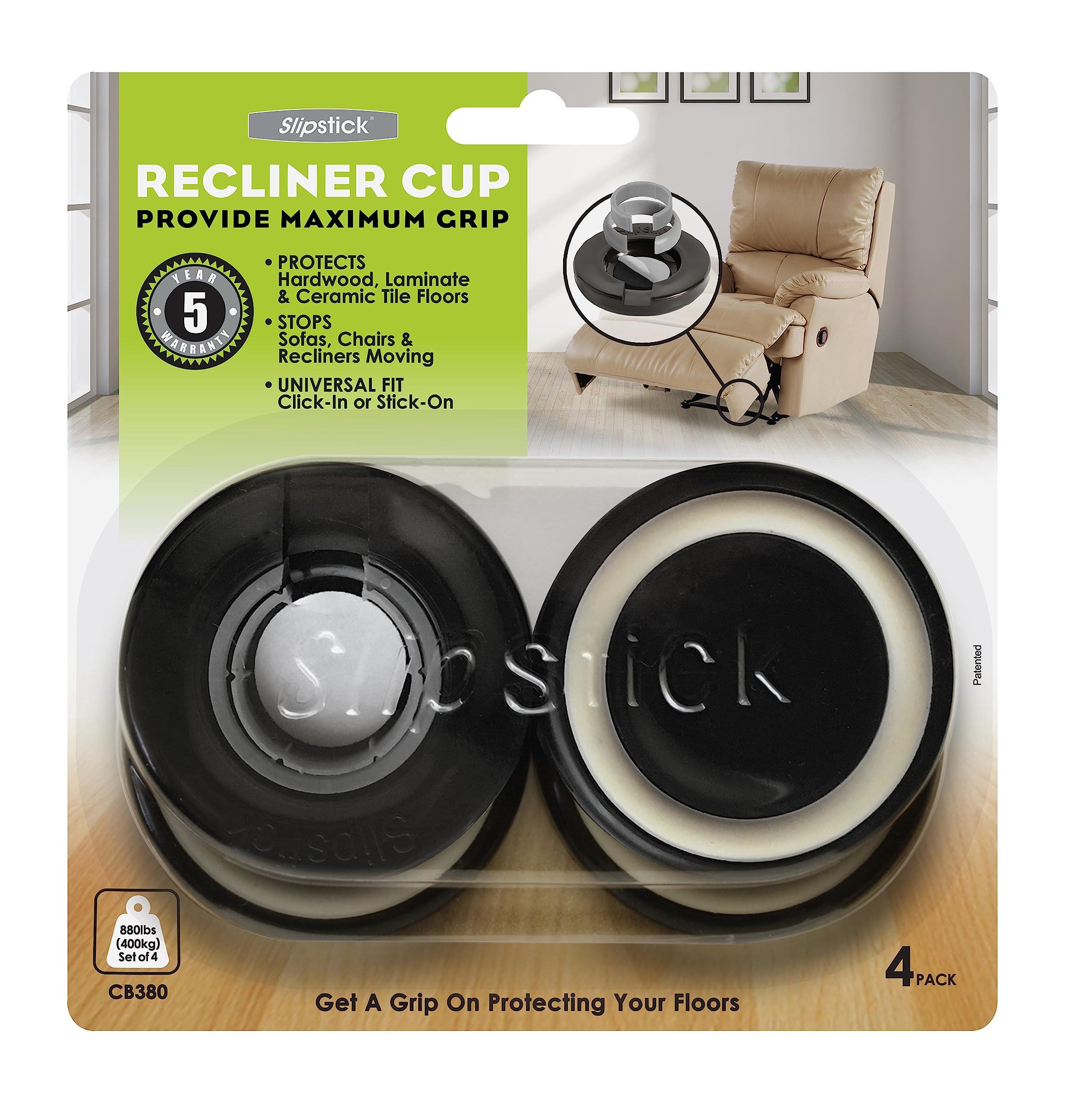 Slipstick CB380 Non Slip Recliner Feet Floor Protectors (Set of 4) Fits 26 mm, 31 mm or 38 mm Diameter Armchair Feet - Black