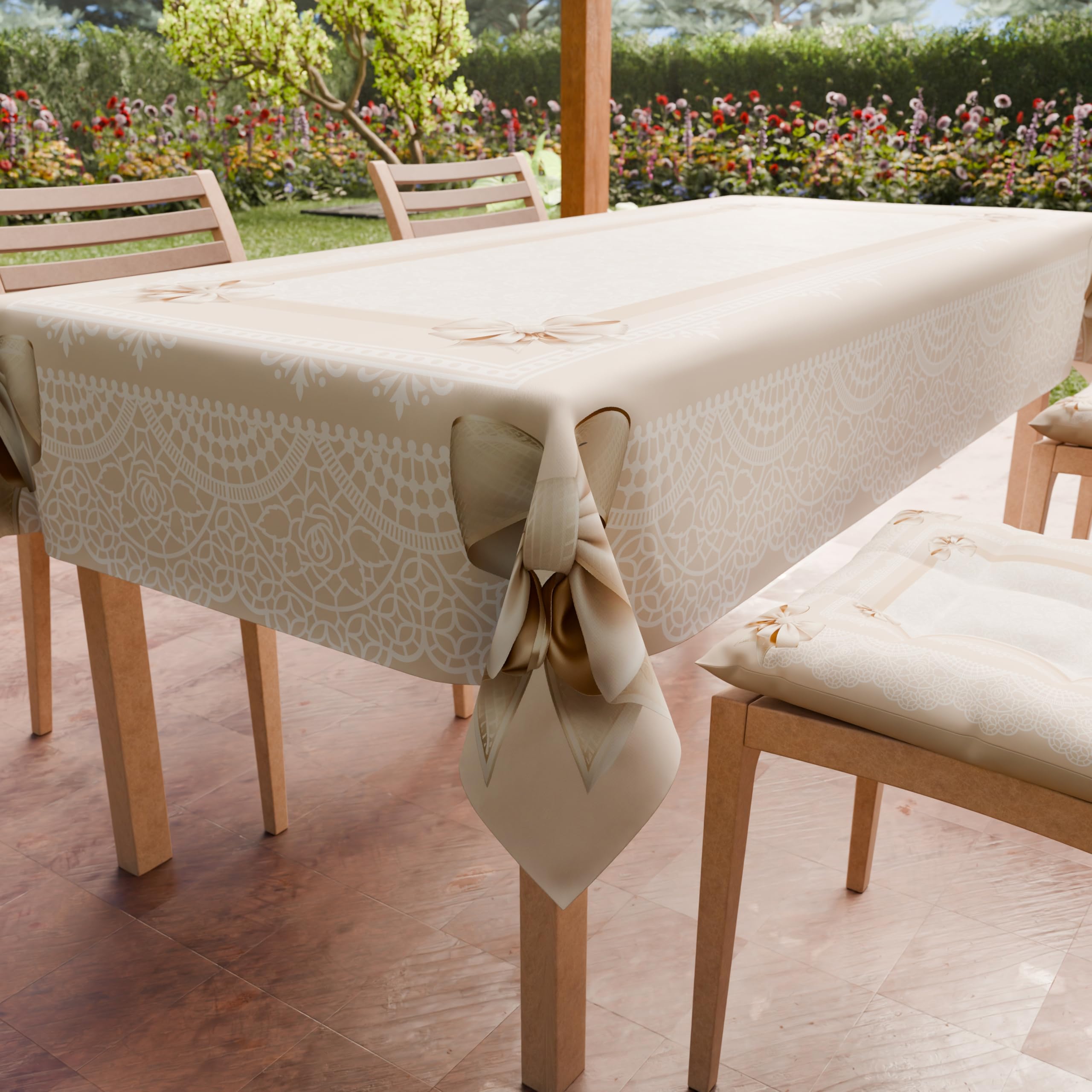 PETTI Artigiani Italiani - Stain Resistant Rectangular Tablecloth Kitchen Table Cover Beige Bow Design X12 Seater (140 x 240 cm) 100% Made in Italy — image 1