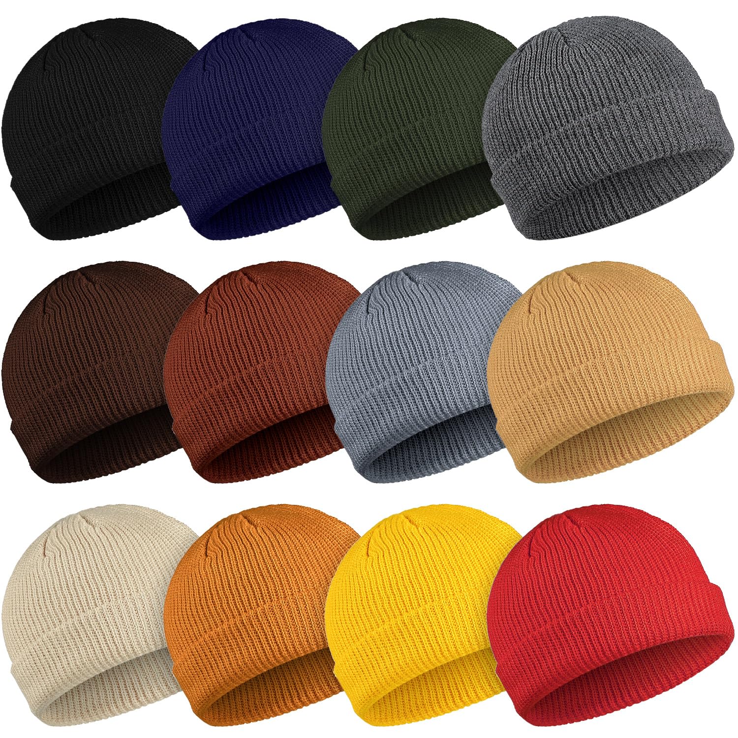 Photo 1 of Geyoga 12 Pieces Trawler Beanie Hats Knit Cuff Beanie Roll-Up Edge Skull Cap Fisherman Hat for Men Women(Bright Color)