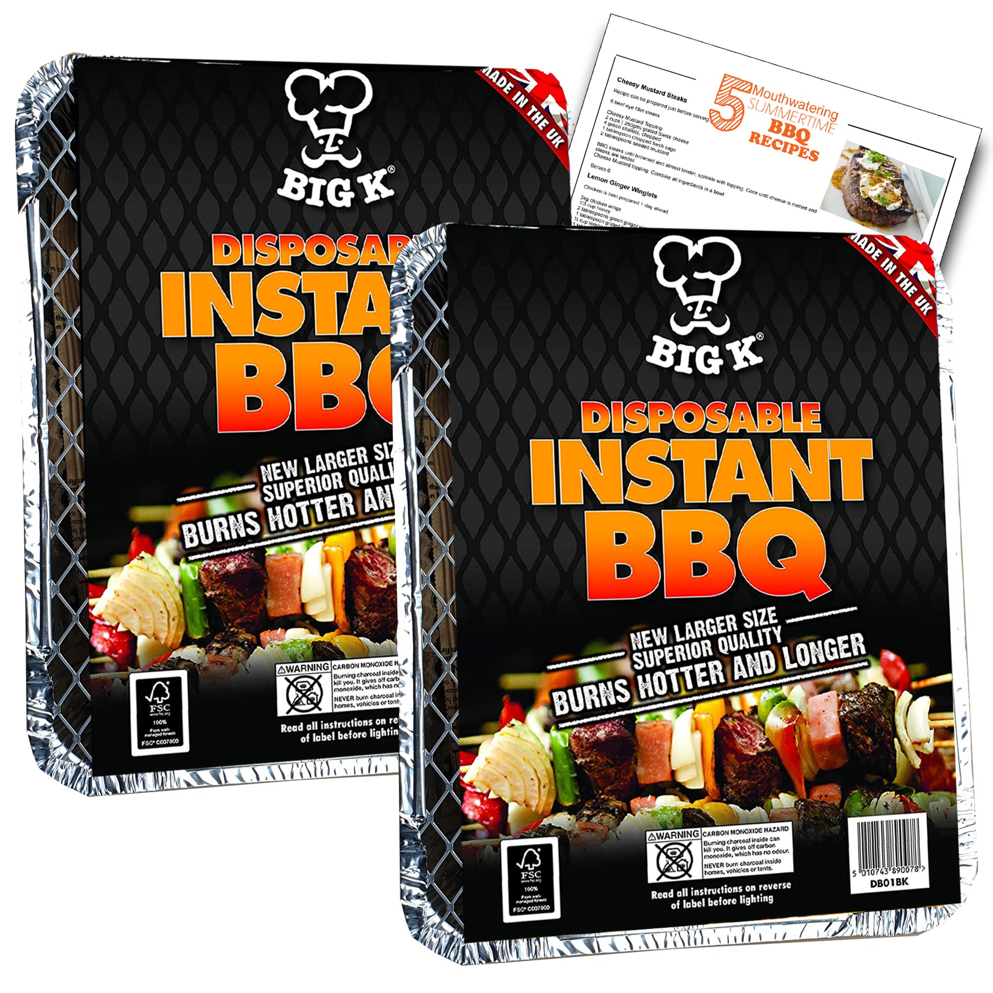 2 Pack Portable Disposable Instant BBQ Burns Hotter And Longer Lights with 1 Match Handy Barbeque Grilll for Camping or Beach Party With Barbeque Recipe Card