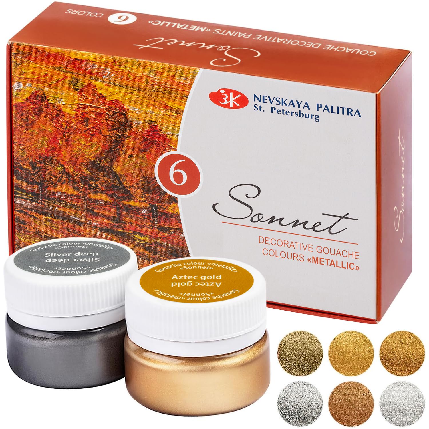 Sonnet Excellent Quality Metallic Gouache Colours (6 x 20 ml) | Water-Based in 6 Beautiful, High-Pigment Colour for Every Surface
