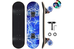 GIEEU Skateboards with Colorful Flashing Wheels for Beginners,Kids,Teens,Adults, Complete Standard Skate Boards 9 Layer Canadian Maple Deck Concave Skateboard