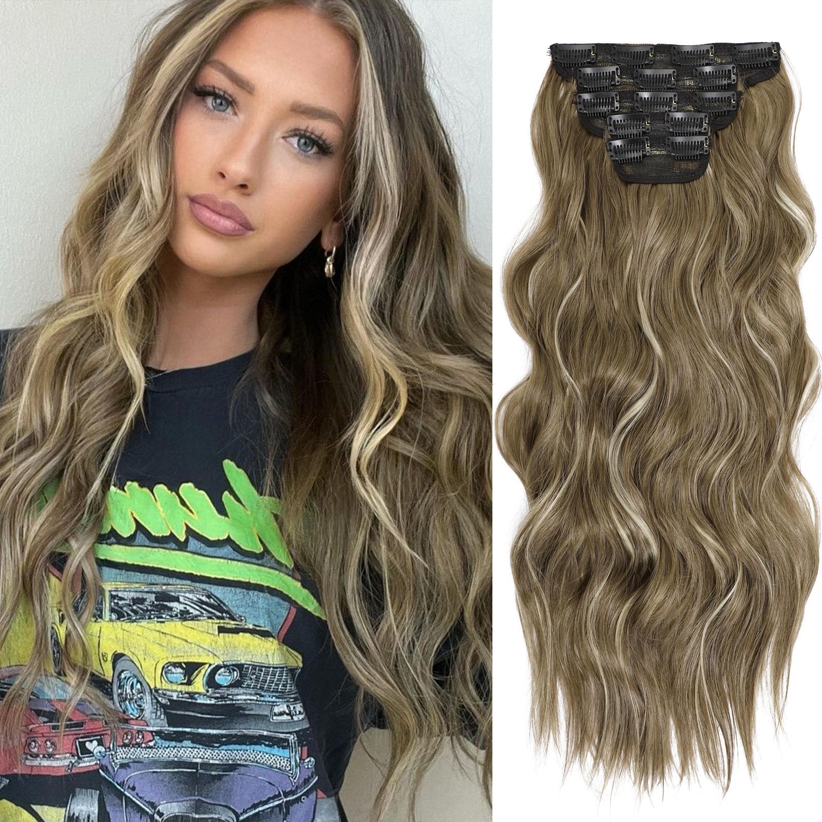 Photo 1 of WOKAA 20 Inch Clip in Synthetic Hair Extensions 5Pcs Light Brown Blonde Mix Wavy Curly Hairpieces for Women Thick & Natural-Looking