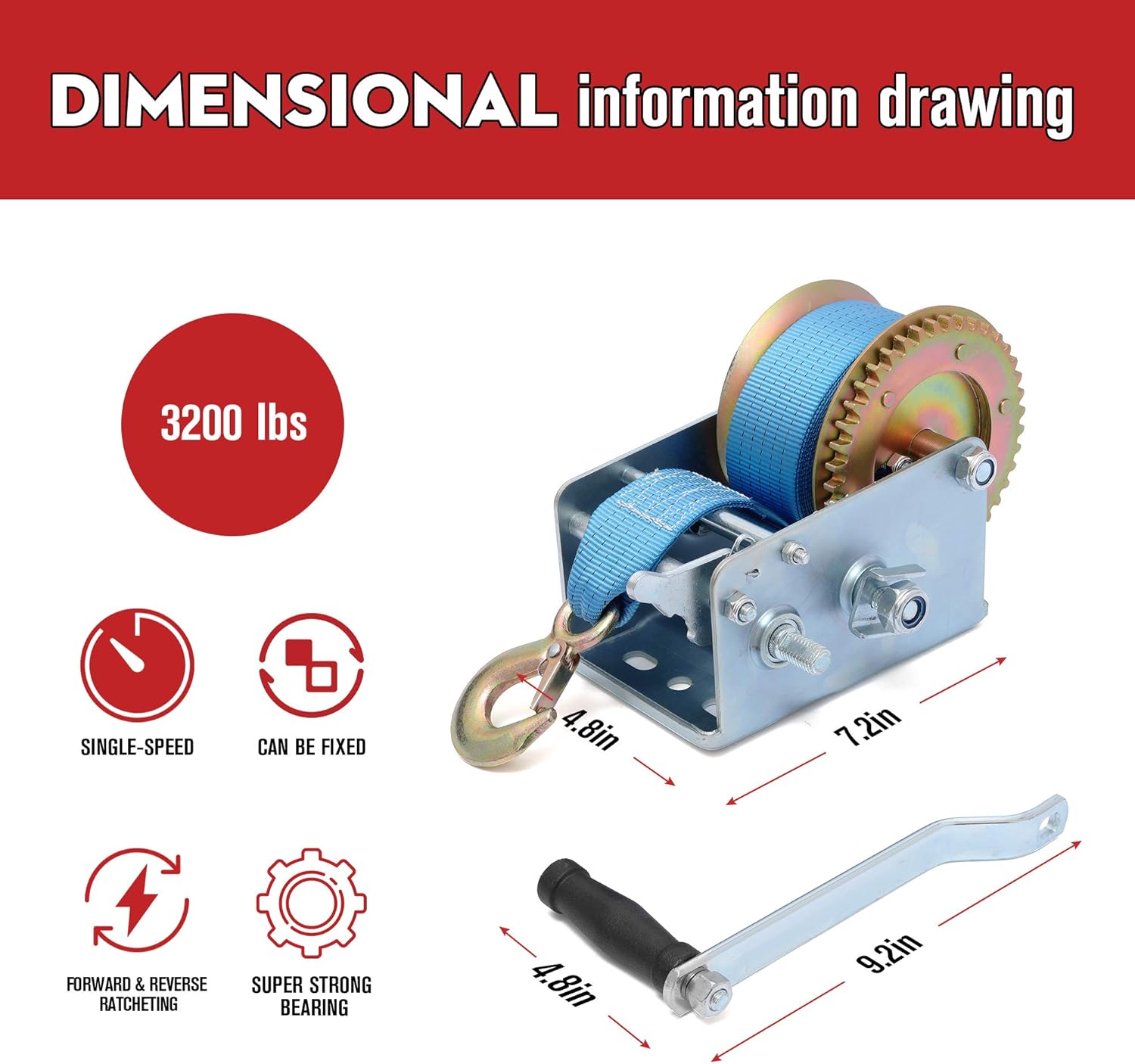 ComeAlongs 3200 POWHILL 3200lbs Heavy Duty Hand Winch Towing Winch Hand Winch Cable Boat