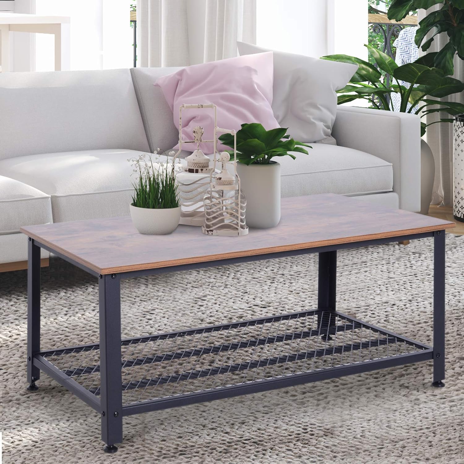 HomCom Mesa de Centro Multifuncional Estilo Industrial Retro Estante de Rejilla Acero