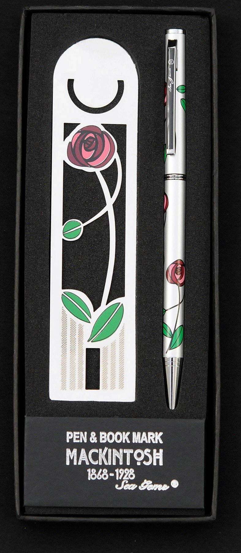 Sea Gems presented by Celtic Glass Designs Pen and Bookmark Set in a Mackintosh Red Rose and Leaf Design.