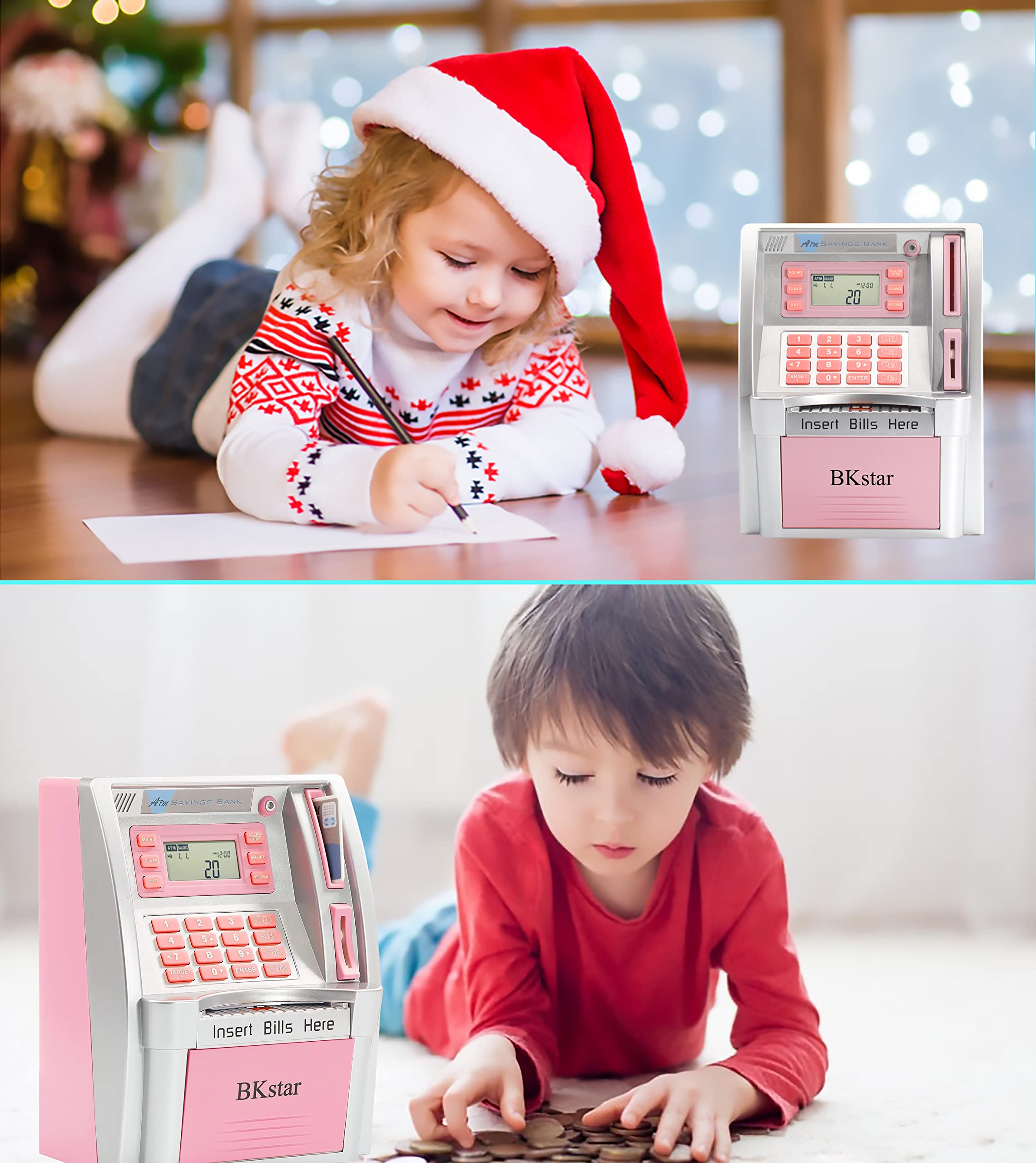 Mini Toy ATM Savings Bank, Pink Piggy Bank Machine for Real Money with Card, Bill Feeder, Coin Reader, Balance Calculator Safe Box for Kids Adults