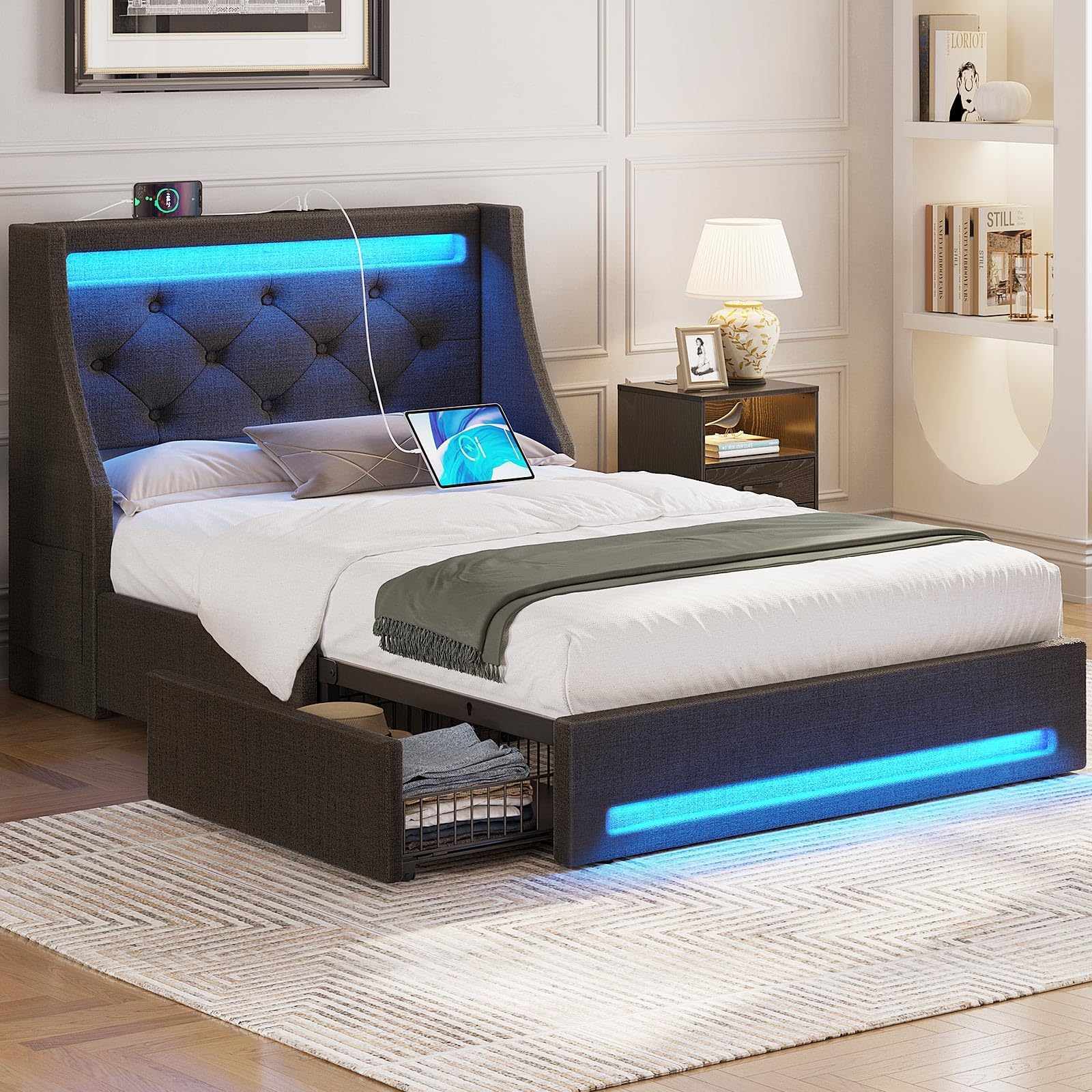 Photo 1 of ** NEW***Rolanstar Twin Bed Frame with LED Lights and Charging Station, Upholstered Bed with Drawers, Wooden Slats, Noise Free, Easy Assembly, Dark Gray