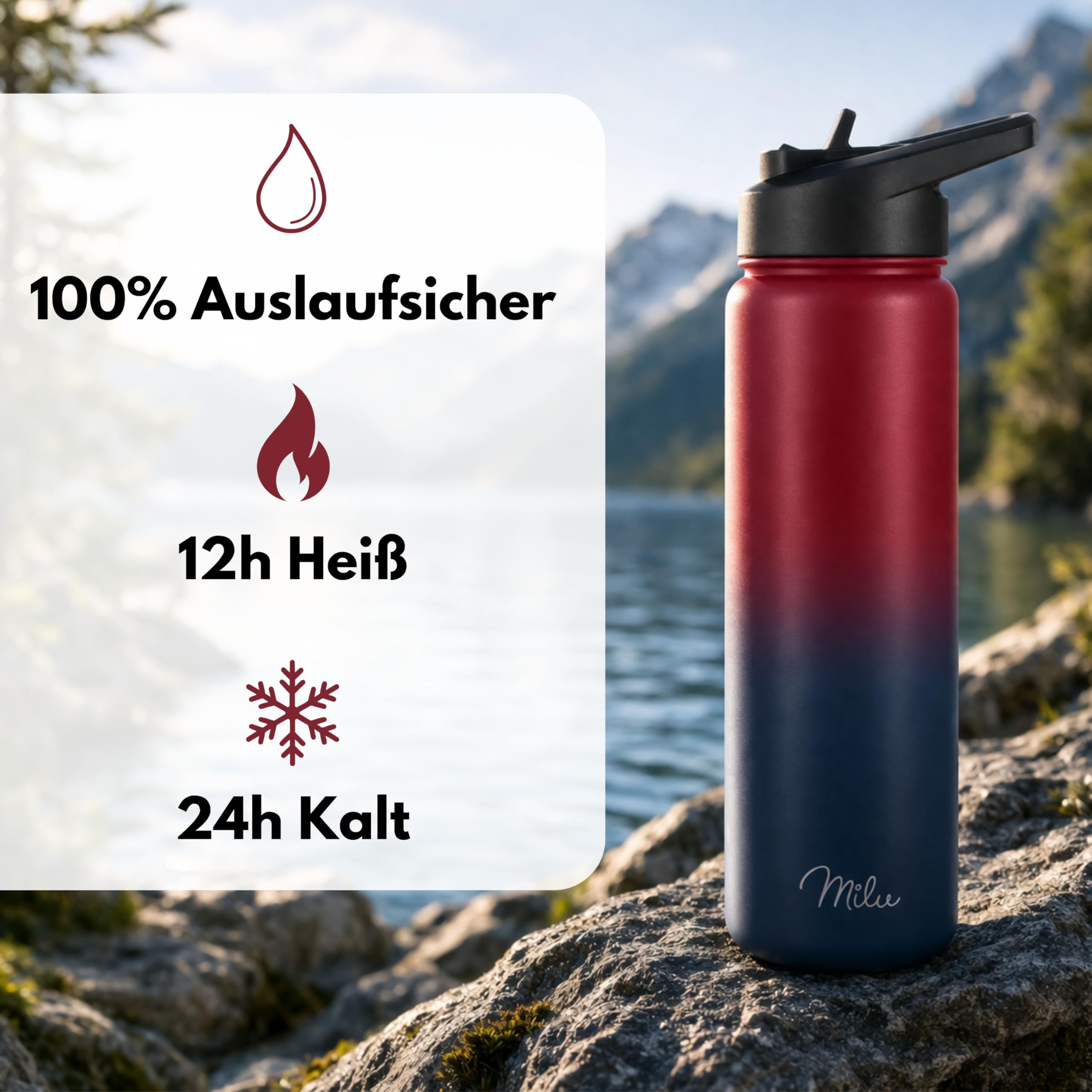 Milu Edelstahl Trinkflasche 500ml, 750ml, 1L (+3 Deckel) Thermosflasche mit Strohhalm, Isolierte Wasserflasche, Auslaufsichere Isolierflasche doppelwandig, Kohlensäure geeignet (Berry Blau, 0,5L) 3