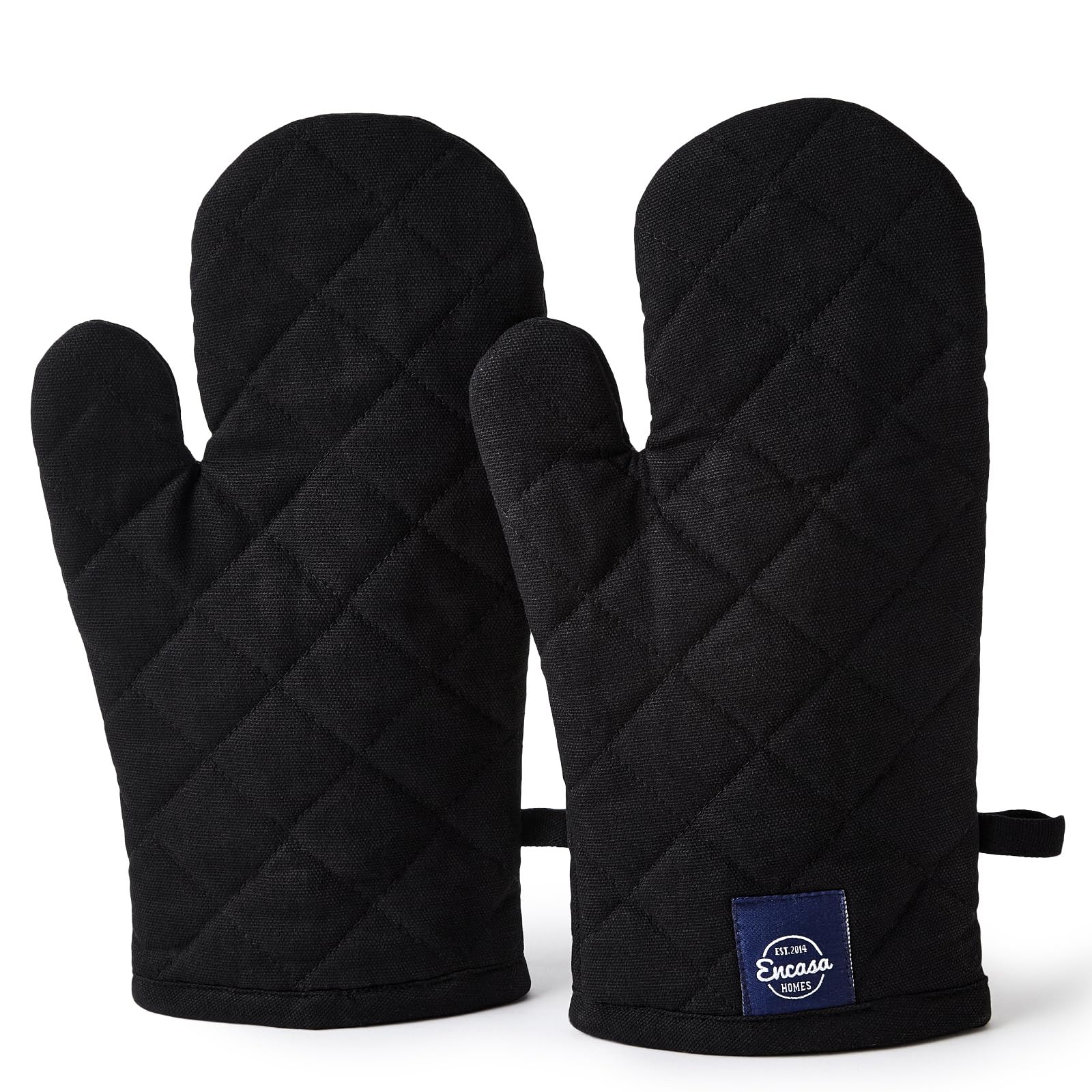 Encasa XO Heat Resistant Cotton Oven Gloves Mitts (2 Pc Set) - Quilted & Safe 17x29 cm - For Kitchen, Cooking & Baking, Grilling, Handling Hot Pots & Pans - Full Black