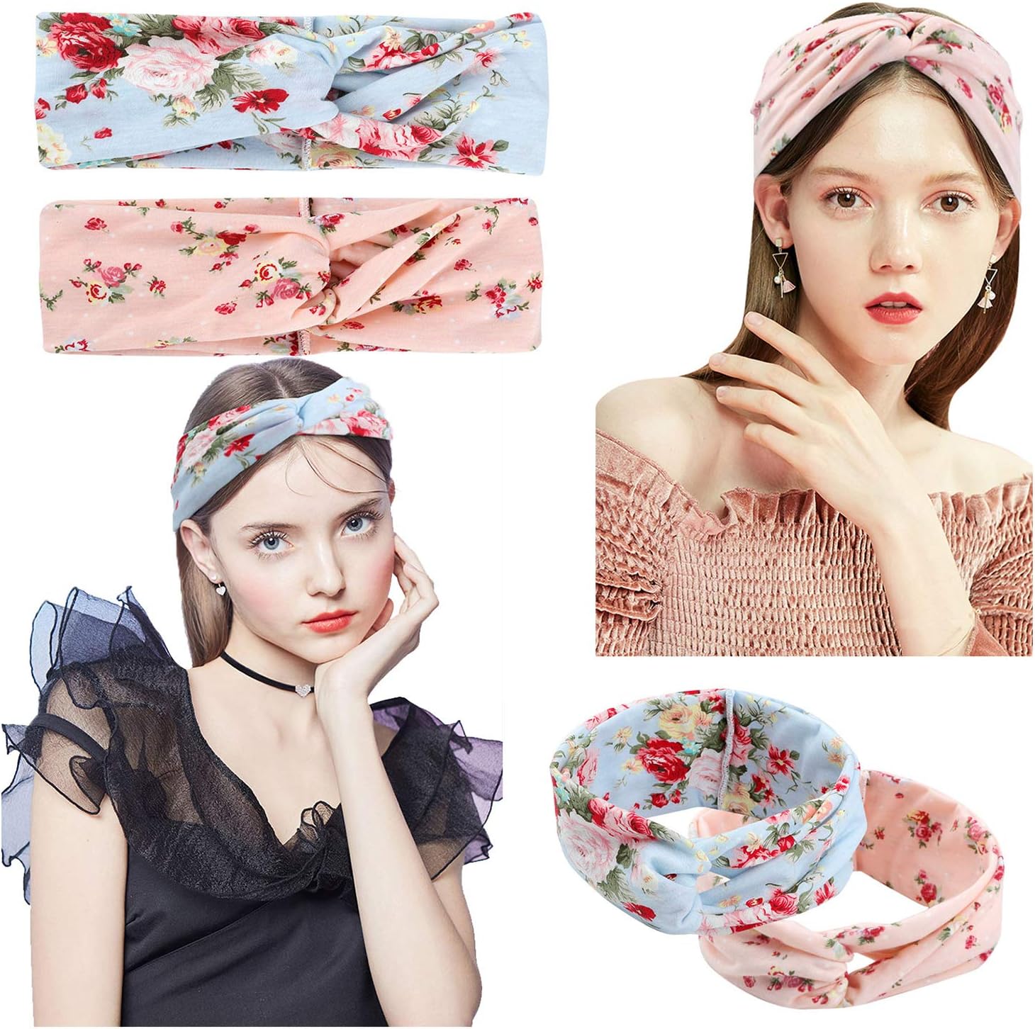 2 Pcs Headbands for Women Boho Floal Style Criss Cross Head Wrap Hair Band (Blue & Pink) …