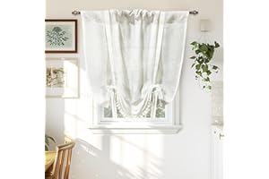DriftAway Solid Color Linen Sheer Voile Tie Up Decorative Linen Textured Curtains Adjustable Balloon Curtains Rod Pocket Roman Slub Sheer Curtain with Pom Pom Trim 42 Inch by 63 Inch White