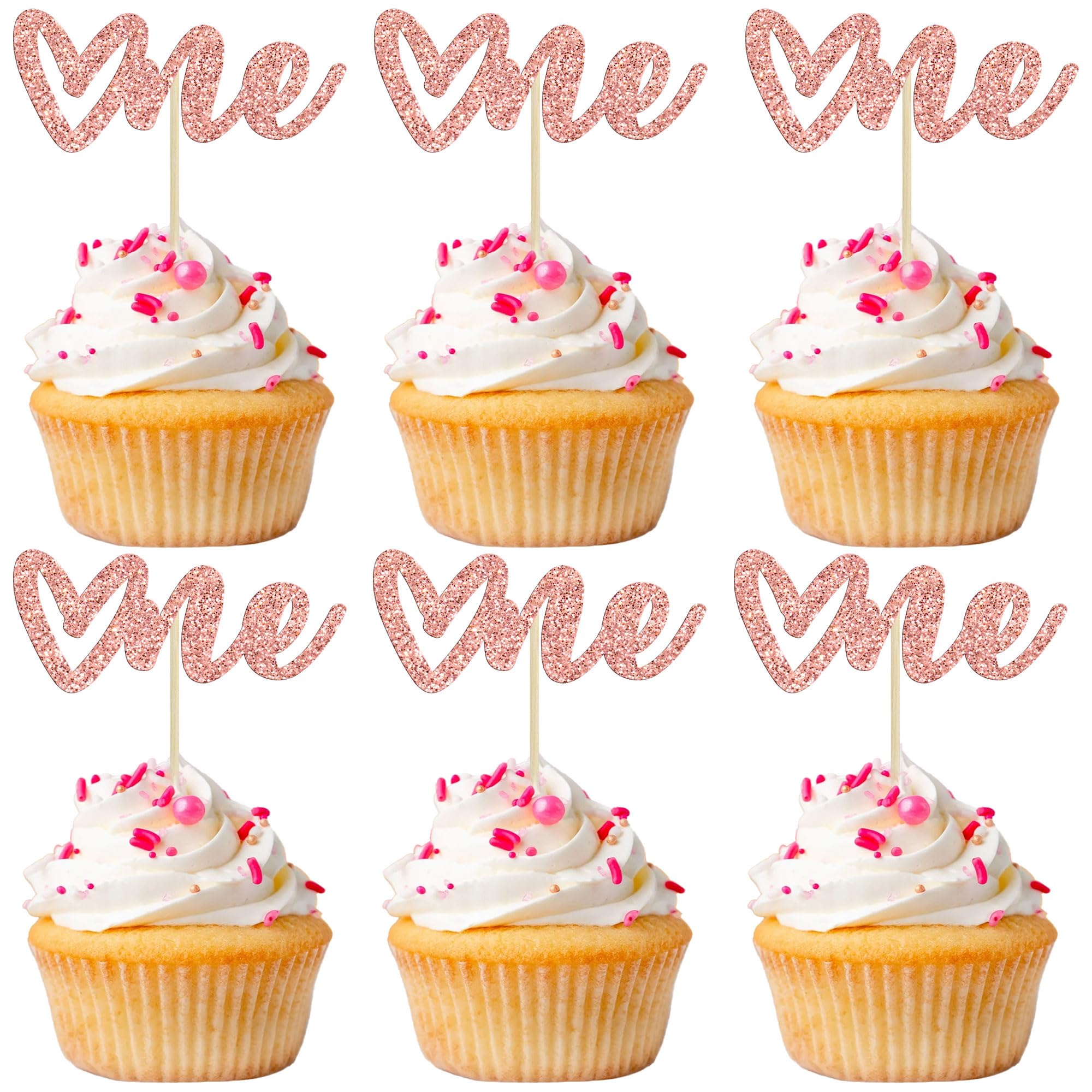 Gyufise 24 Pack Rose Gold Glitter Valentine One Cupcake Toppers Valentine Day Cake Toppers Baby Shower Heart One Cupcake Picks for Valentine Theme Boys Girls First Birthday Party Cake Decorations